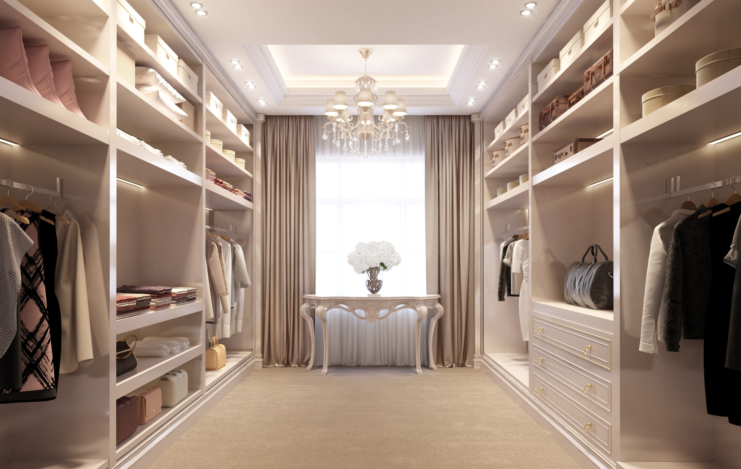 Beige luxury dressing room with crystal chandelier